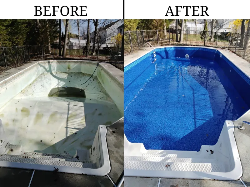 Side-by-side comparison of a swimming pool before renovation, empty and dirty, and after renovation, clean and filled with water.