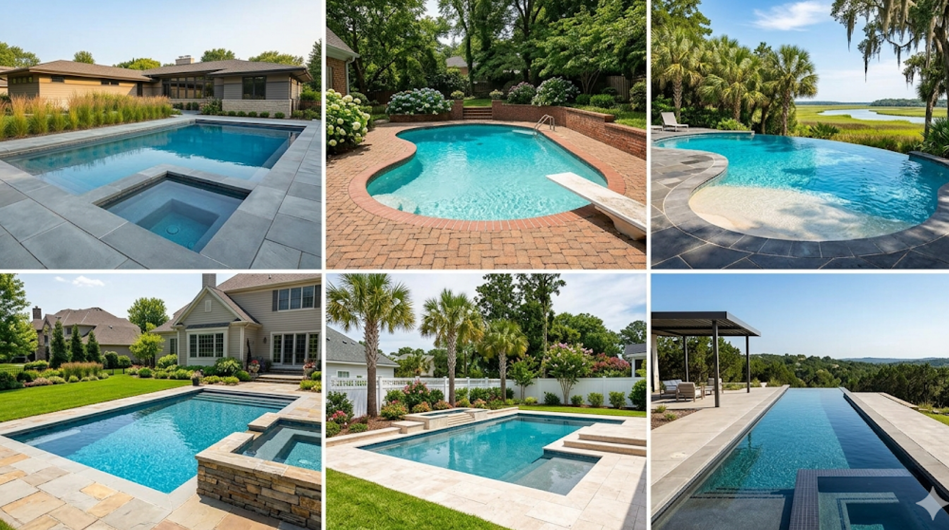 A collage of six backyard swimming pools, each with different shapes, landscaping, and surrounding patios in various residential settings.